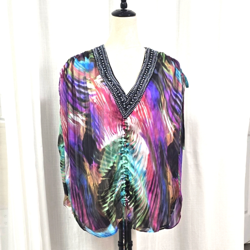2/$30 Virbrant Abstract Multicolor Sheer V Neck Womens Top Sz S Festival Resort